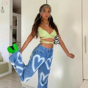 Custom made heart Print high-waist Denim y2k Jeans